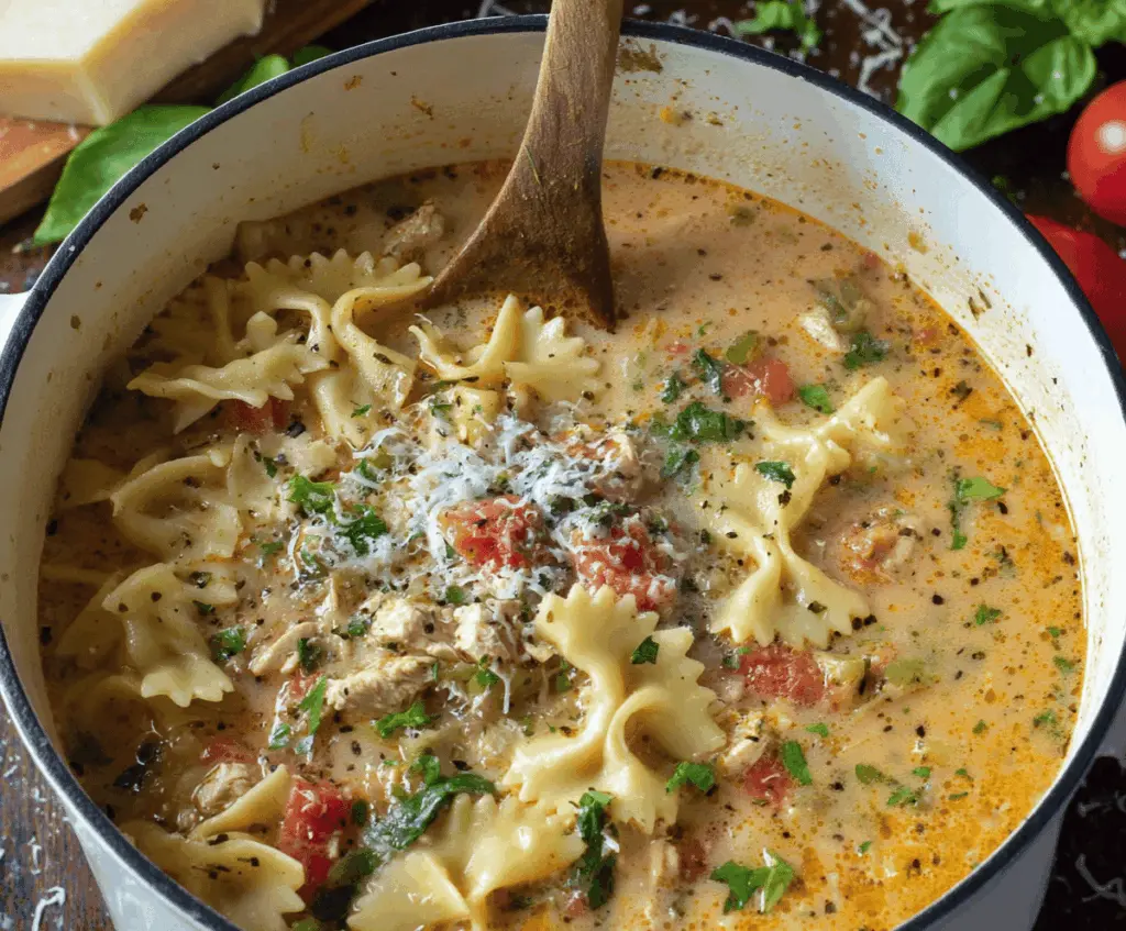 Hearty Italian Ground Chicken Soup with vegetables and herbs in a bowl on a rustic wooden table