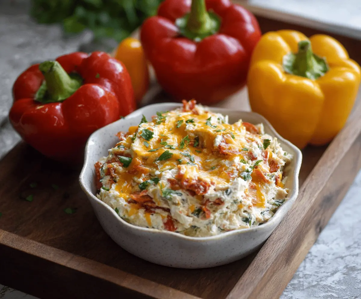 Colorful loaded bell pepper dip topped with shredded cheese, diced vegetables, and fresh herbs in a white bowl, perfect for snacks and party appetizers