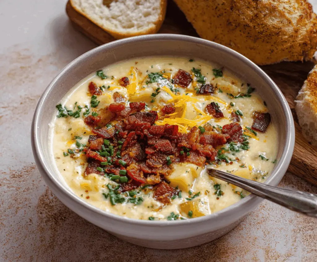 Creamy loaded potato soup topped with shredded cheese, crispy bacon bits, chopped green onions, and a dollop of sour cream in a rustic bowl.