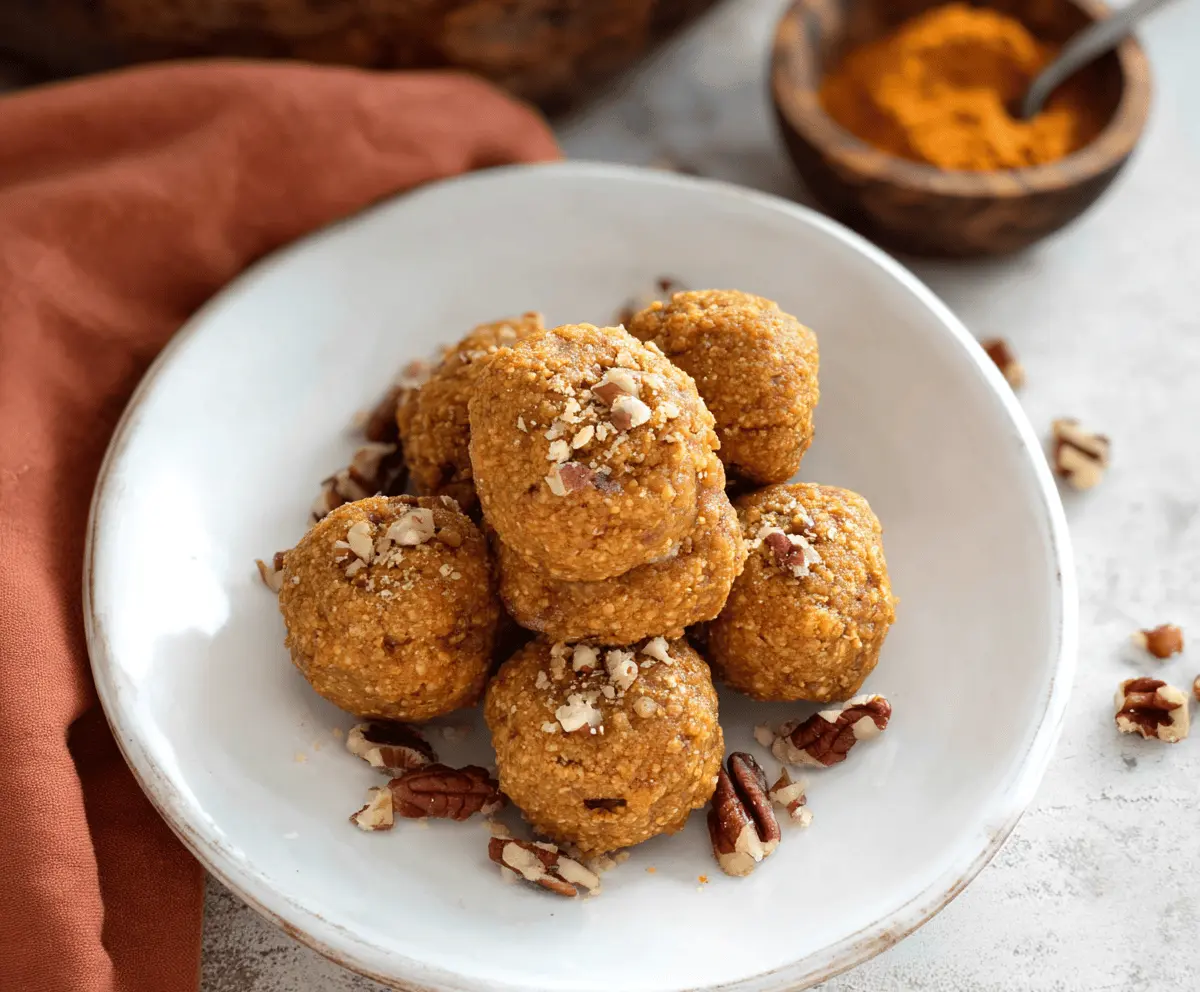Delicious Maple Pecan Pumpkin Protein Balls on a plate, featuring a nutty, spiced snack with pumpkin, pecans, and maple syrup for healthy energy bites