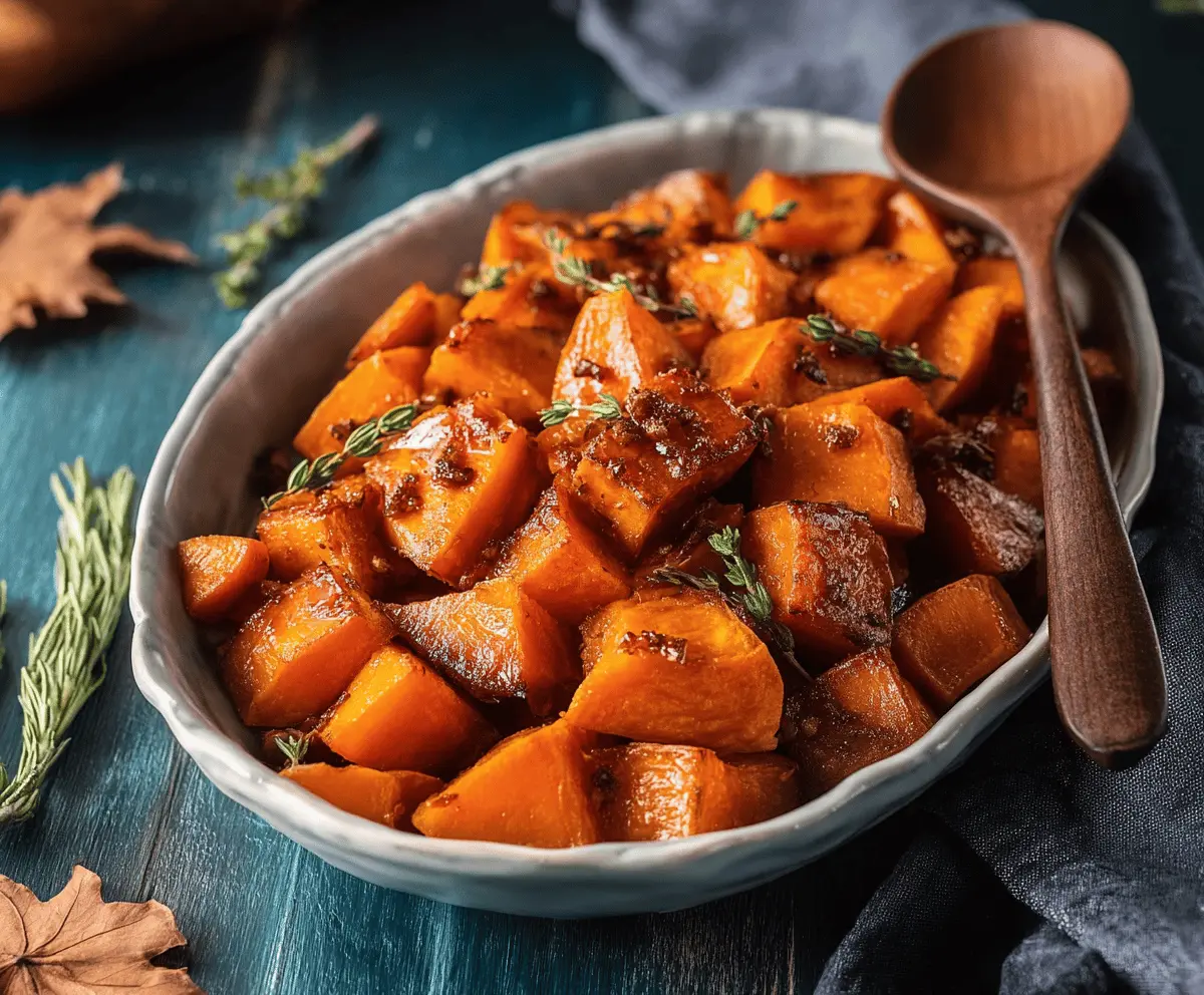 Sweet roasted sweet potatoes glazed with maple syrup, garnished with fresh herbs, served on a white plate for a flavorful, healthy side dish.