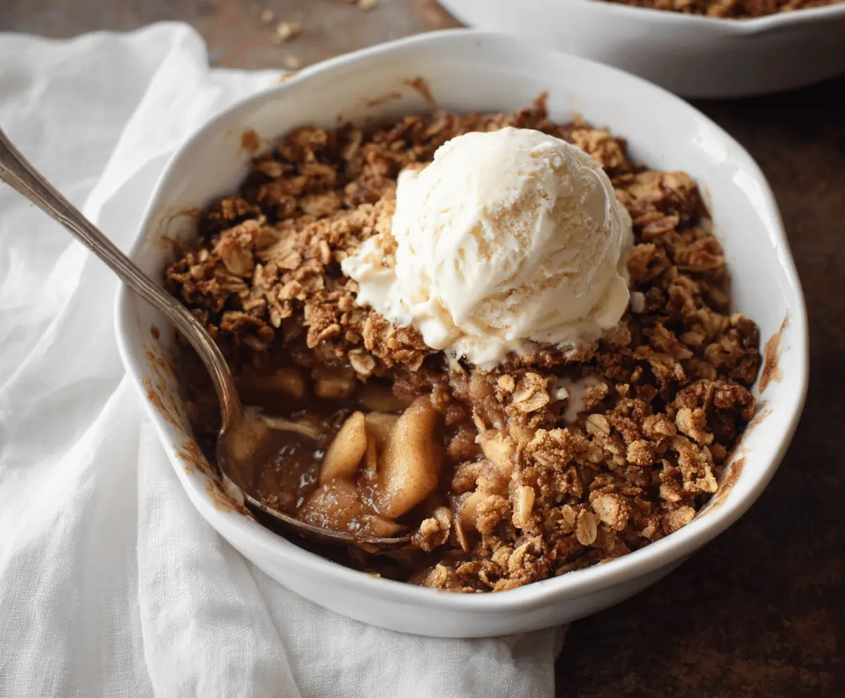 Delicious Maple Walnut Apple Crisp in a serving dish topped with whipped cream, featuring caramelized apples, crunchy walnuts, and a golden crumble topping