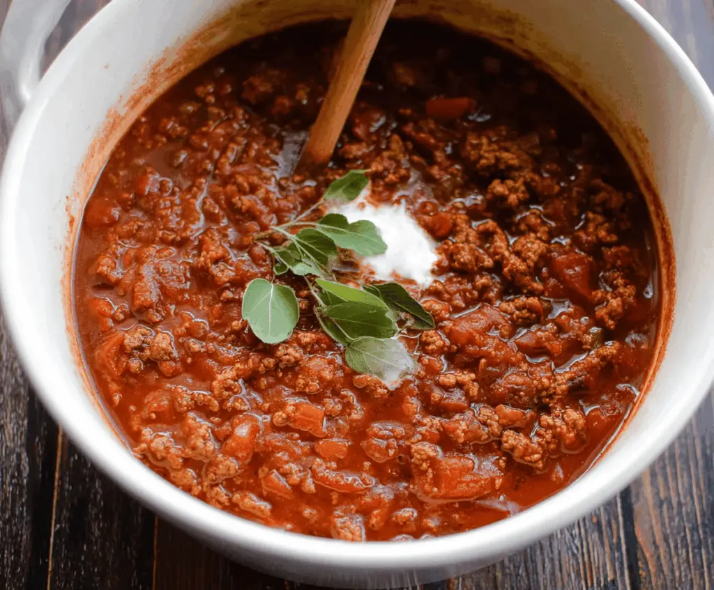 Hearty no-bean chili in a bowl topped with shredded cheese and chopped cilantro, served with corn tortilla chips on the side