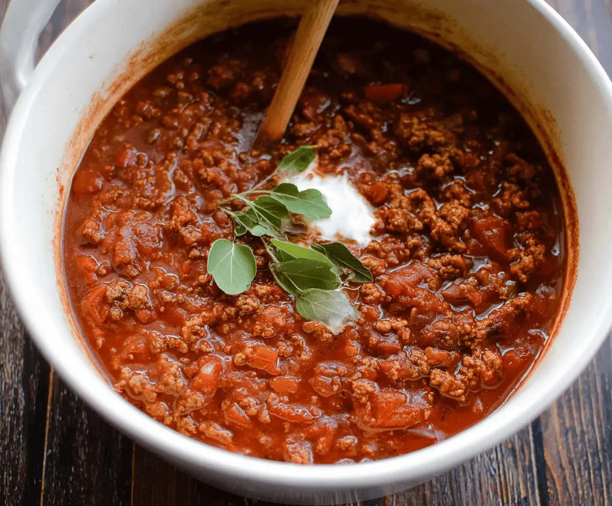 Hearty no-bean chili in a bowl topped with shredded cheese and chopped cilantro, served with corn tortilla chips on the side