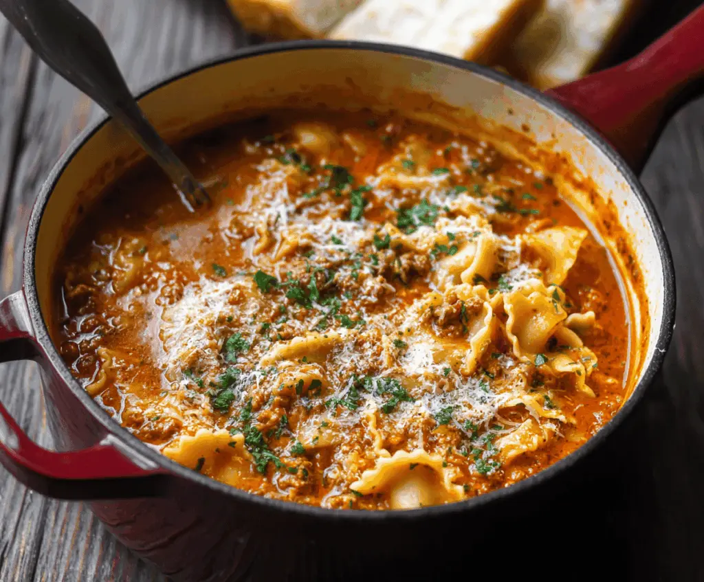 Delicious one-pot cheesy lasagna soup with layers of pasta, melted cheese, and rich tomato sauce in a single bowl
