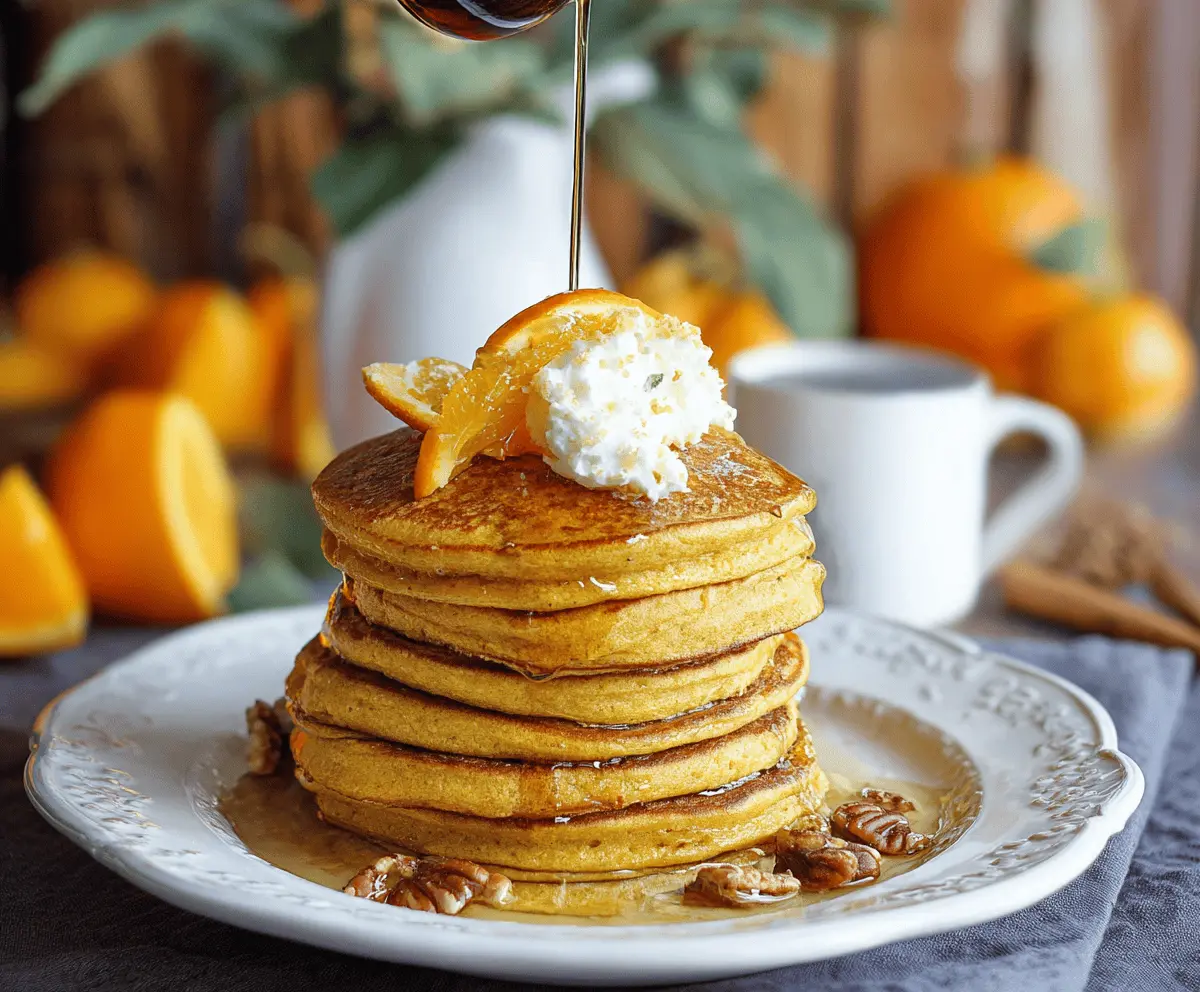 Fluffy orange pumpkin pancakes topped with maple syrup and fresh orange slices on a white plate, perfect for breakfast or brunch