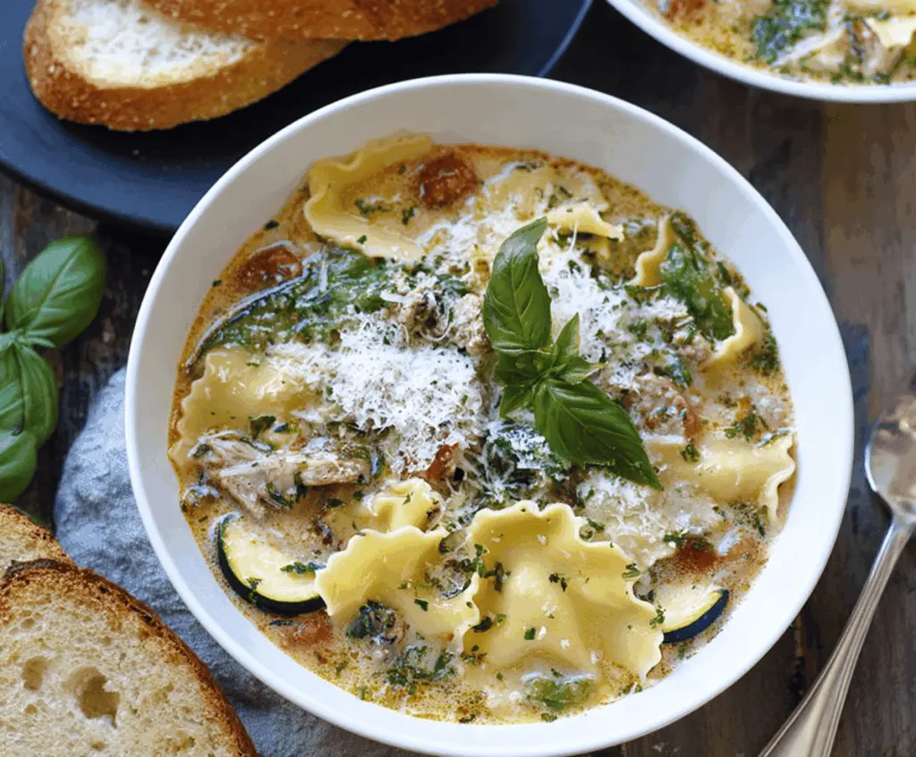A bowl of delicious pesto lasagna soup topped with melted cheese, fresh basil, and Parmesan, showcasing layers of pasta, pesto, and savory broth for a flavorful Italian-inspired meal.