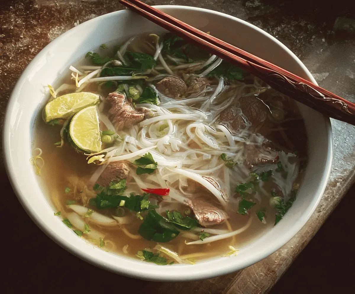 Steaming bowl of traditional Vietnamese pho with rice noodles, sliced beef, fresh herbs, lime, and chili peppers