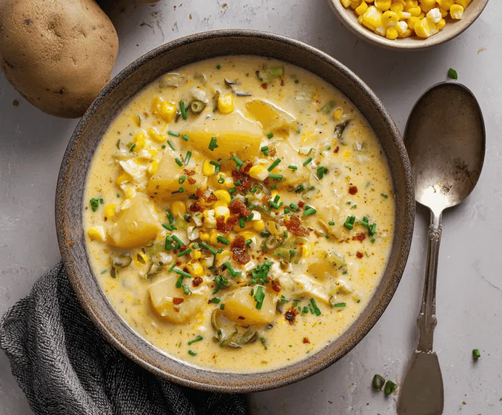 Creamy potato and corn chowder garnished with fresh herbs in a rustic bowl, perfect for a comforting meal