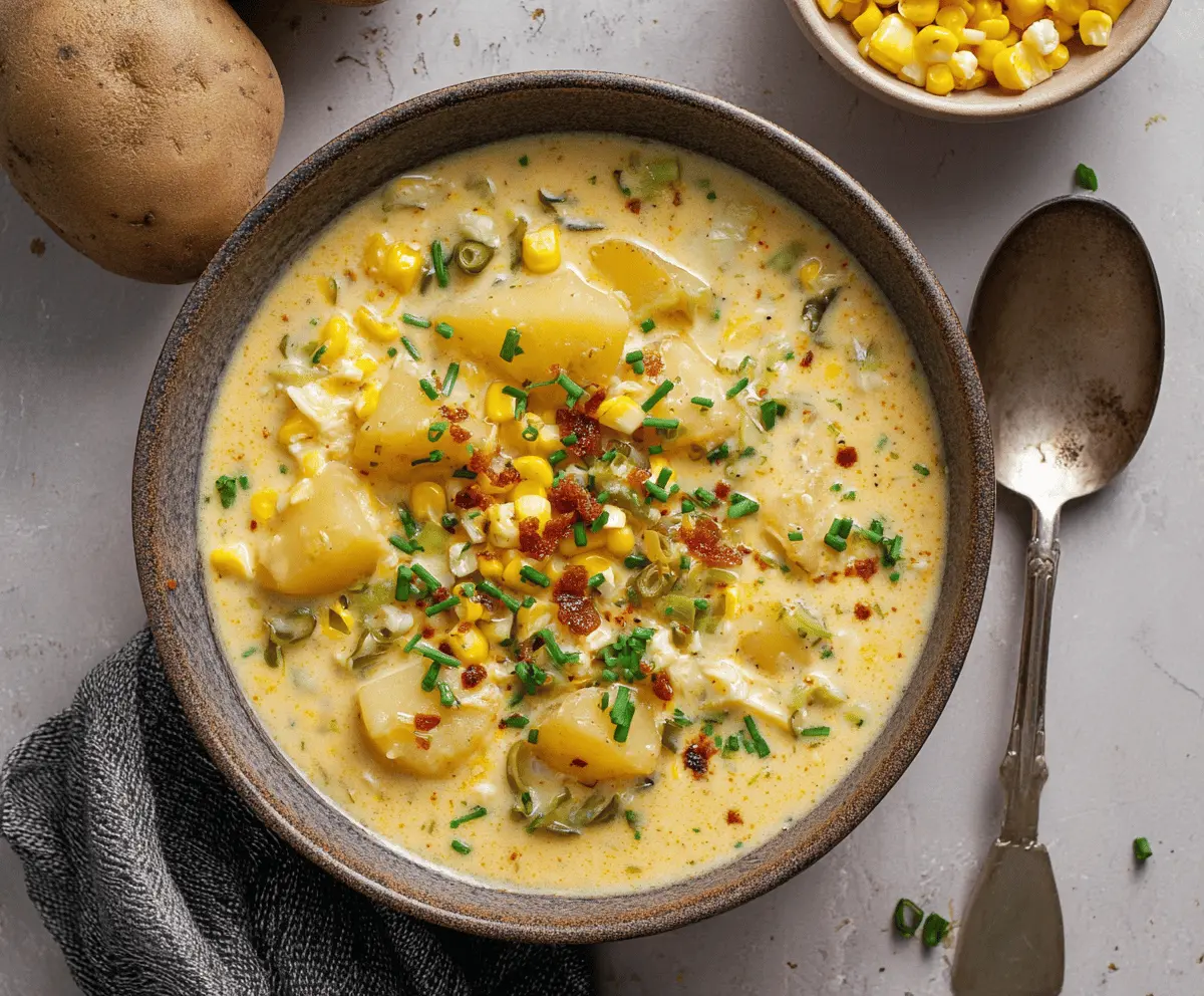 Creamy potato and corn chowder garnished with fresh herbs in a rustic bowl, perfect for a comforting meal