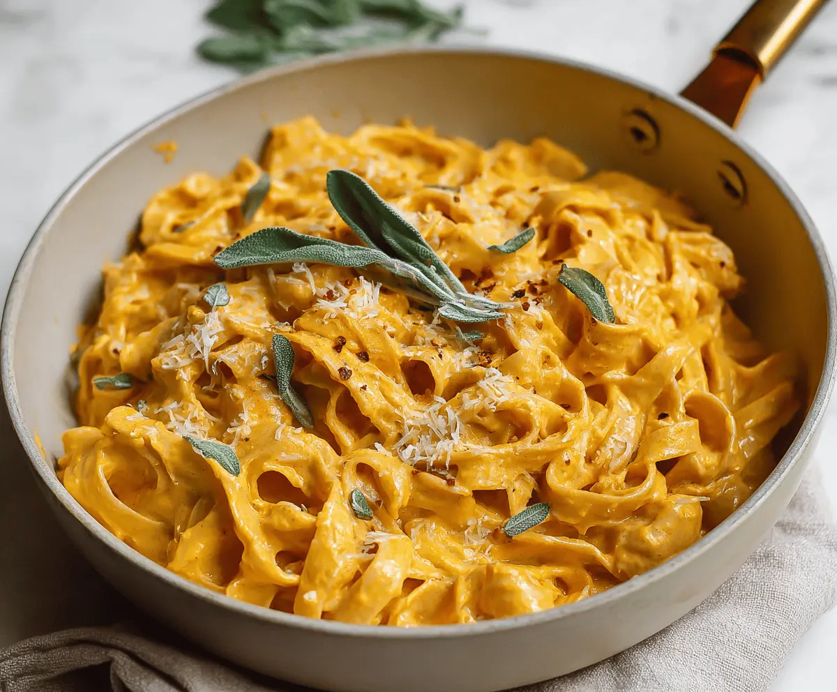 Creamy pumpkin Alfredo pasta garnished with fresh herbs and grated cheese on a white plate, perfect for fall-inspired comfort food.