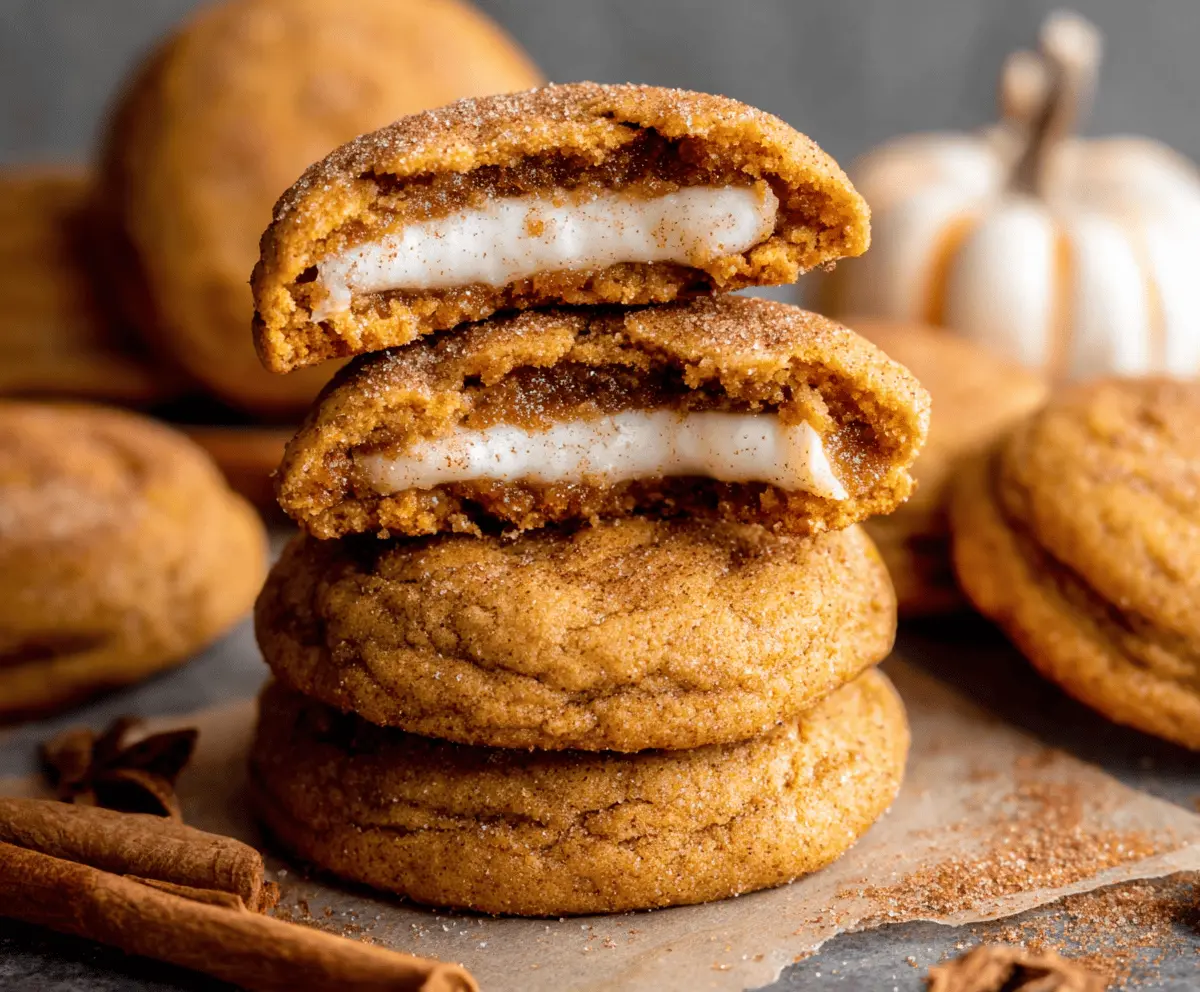 Delicious pumpkin cheesecake filled cookies with cream cheese frosting and festive autumn decorations