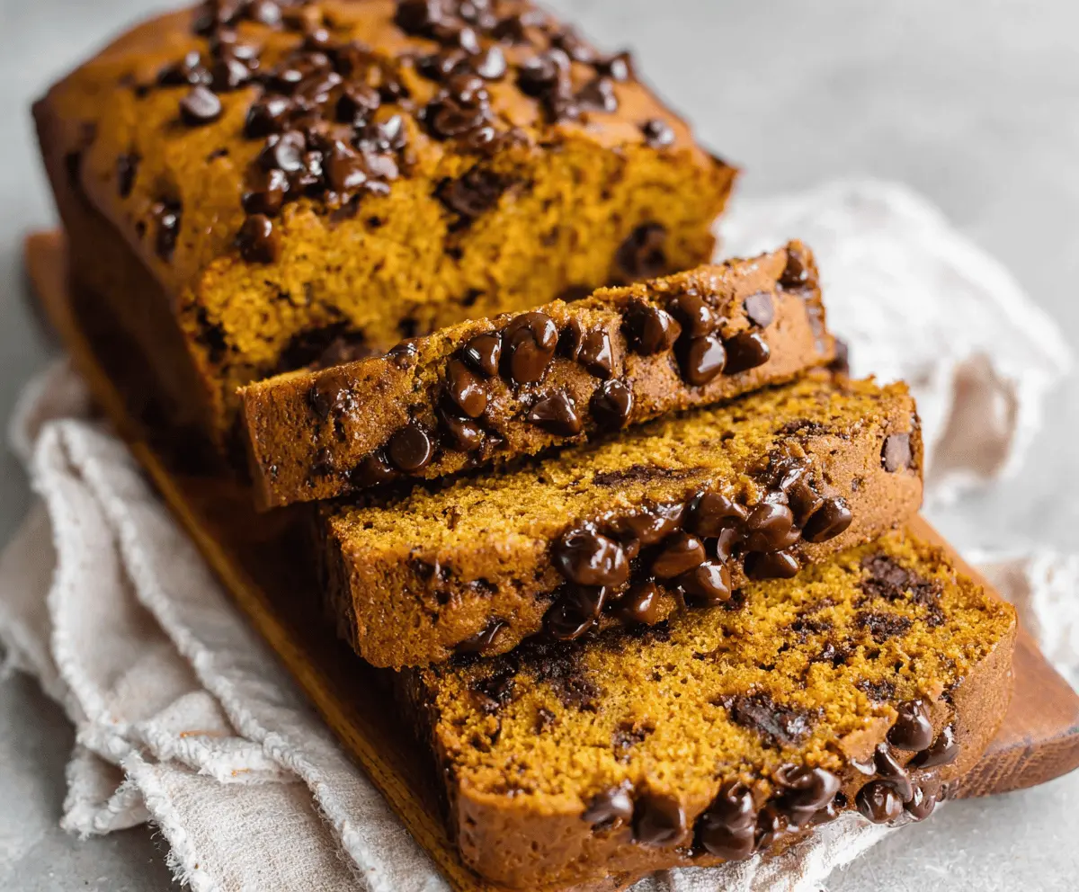 Delicious homemade pumpkin chocolate chip bread sliced and ready to enjoy, featuring moist pumpkin flavor with melty chocolate chips on a rustic wooden table.