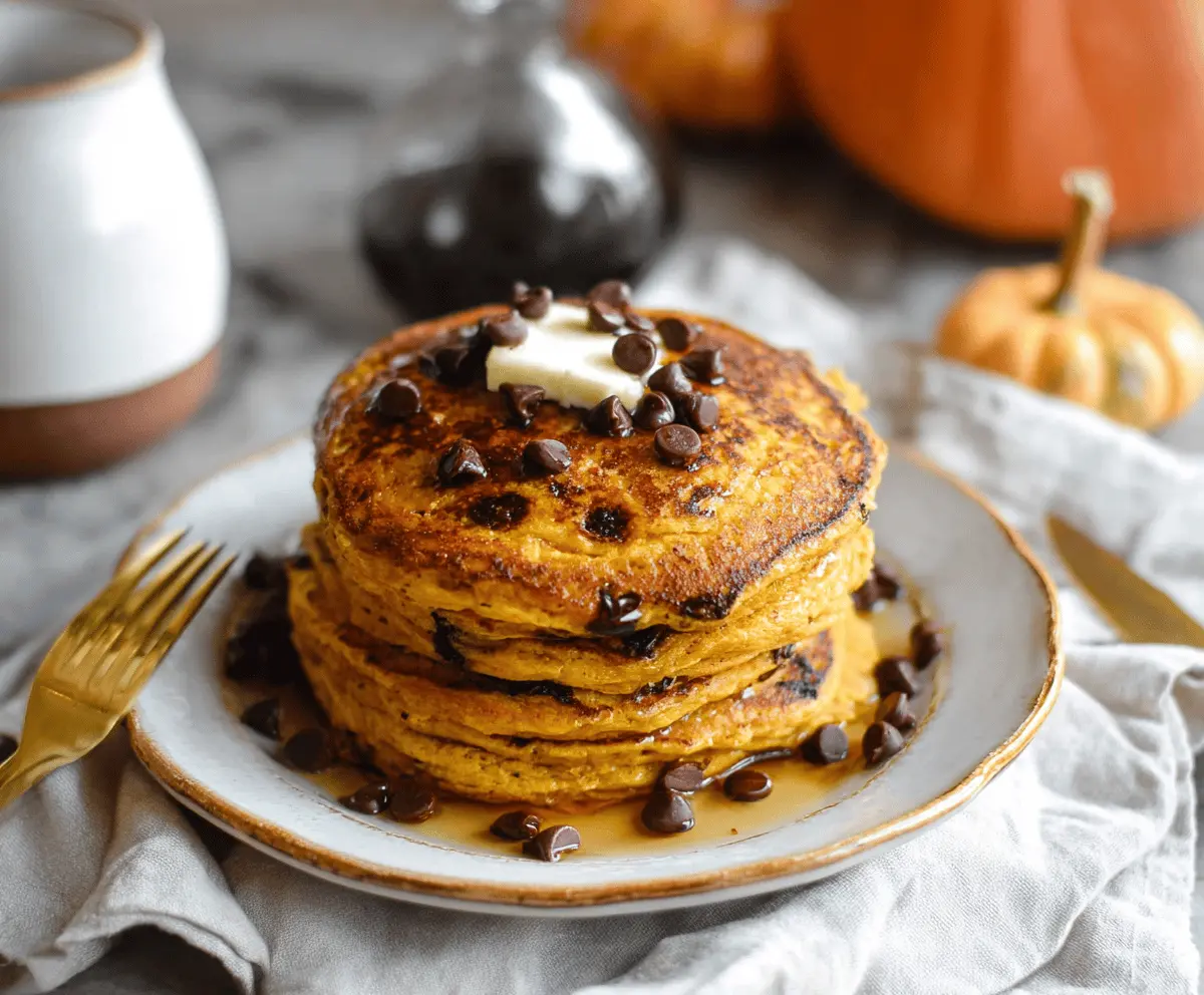 Delicious pumpkin chocolate chip pancakes stacked with syrup and whipped cream, perfect for fall breakfast