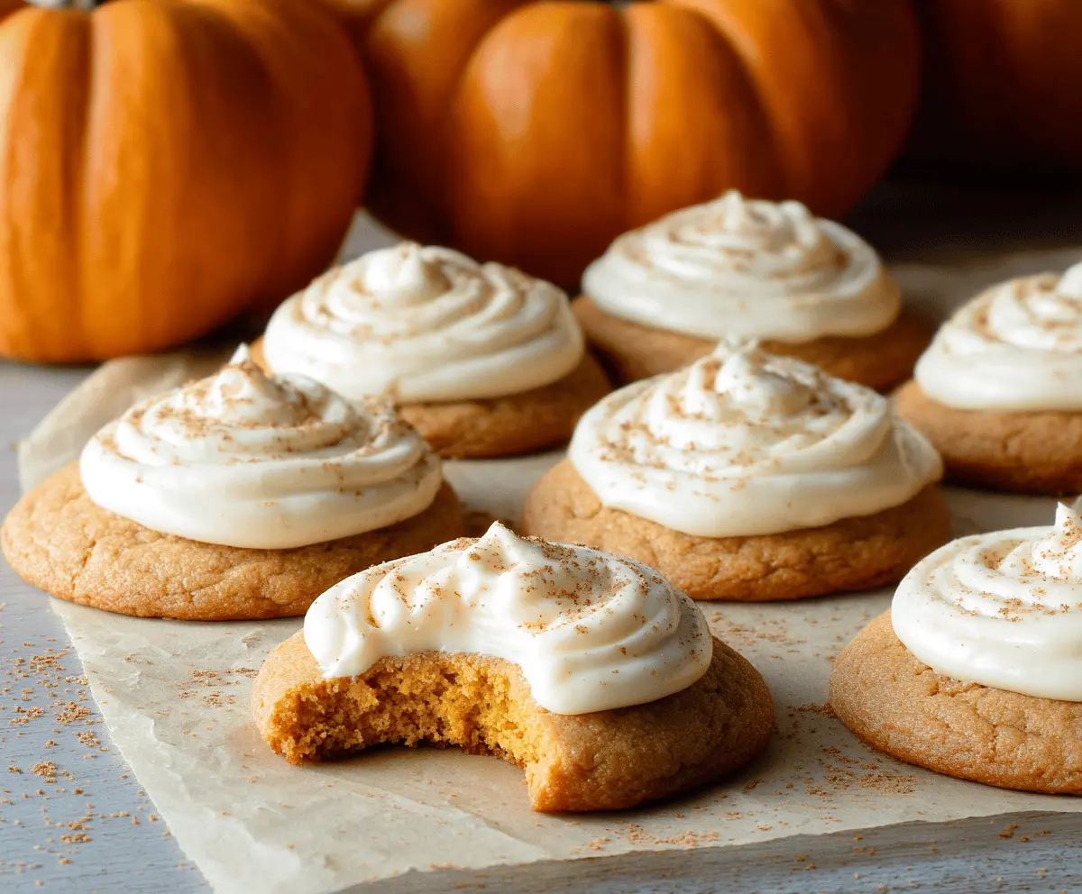 Delicious pumpkin cookies topped with creamy cream cheese frosting and garnished with a sprinkle of cinnamon, perfect for fall treats