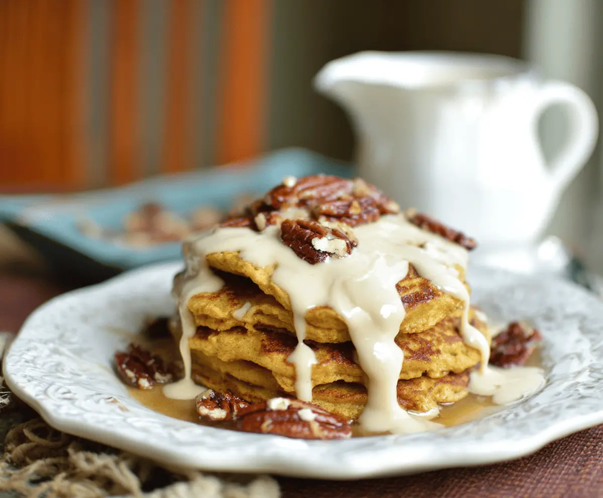 Fluffy pumpkin cream cheese pancakes topped with whipped cream and cinnamon for a delicious fall breakfast