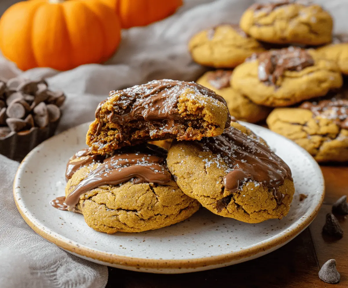 Delicious Pumpkin Nutella Cookies on a white plate with autumn-themed decorations, perfect for fall treats.