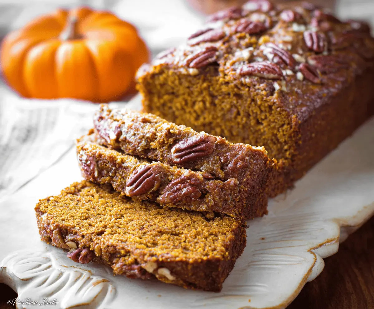 Golden Pumpkin Pecan Bread topped with toasted pecans and a drizzle of glaze, perfect for fall baking.