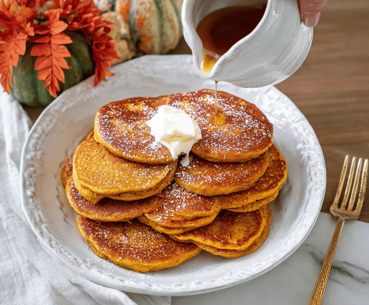 Fluffy pumpkin ricotta pancakes topped with maple syrup and cinnamon, served with fresh pumpkin slices and a sprinkle of powdered sugar on a rustic wooden plate.
