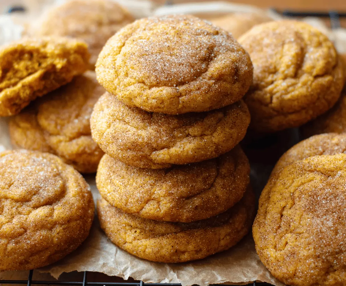 Delicious pumpkin snickerdoodle cookies topped with cinnamon sugar on a baking tray, perfect for fall treats and holiday desserts