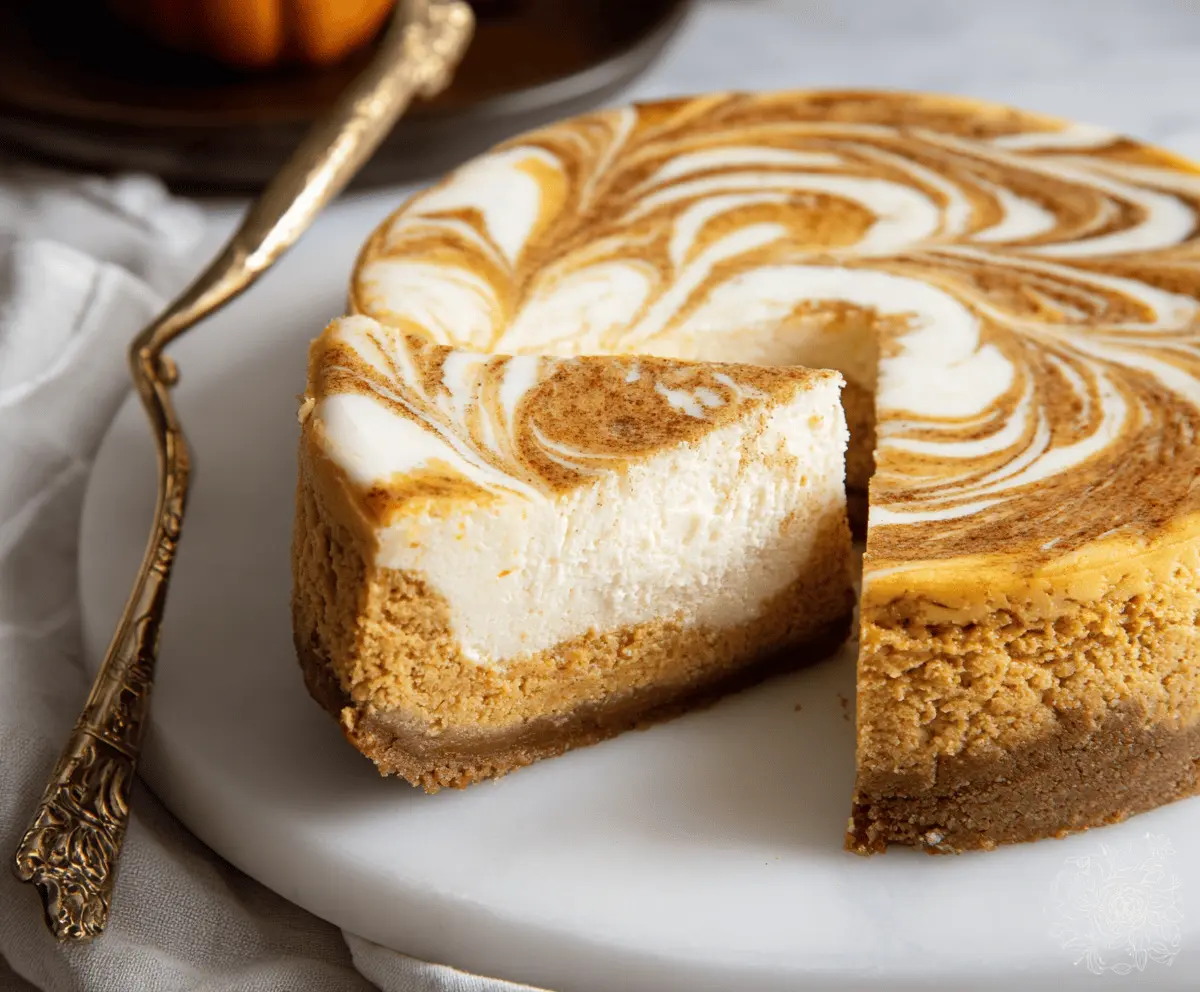 Delicious Pumpkin Swirl Cheesecake topped with whipped cream and cinnamon, ready to serve