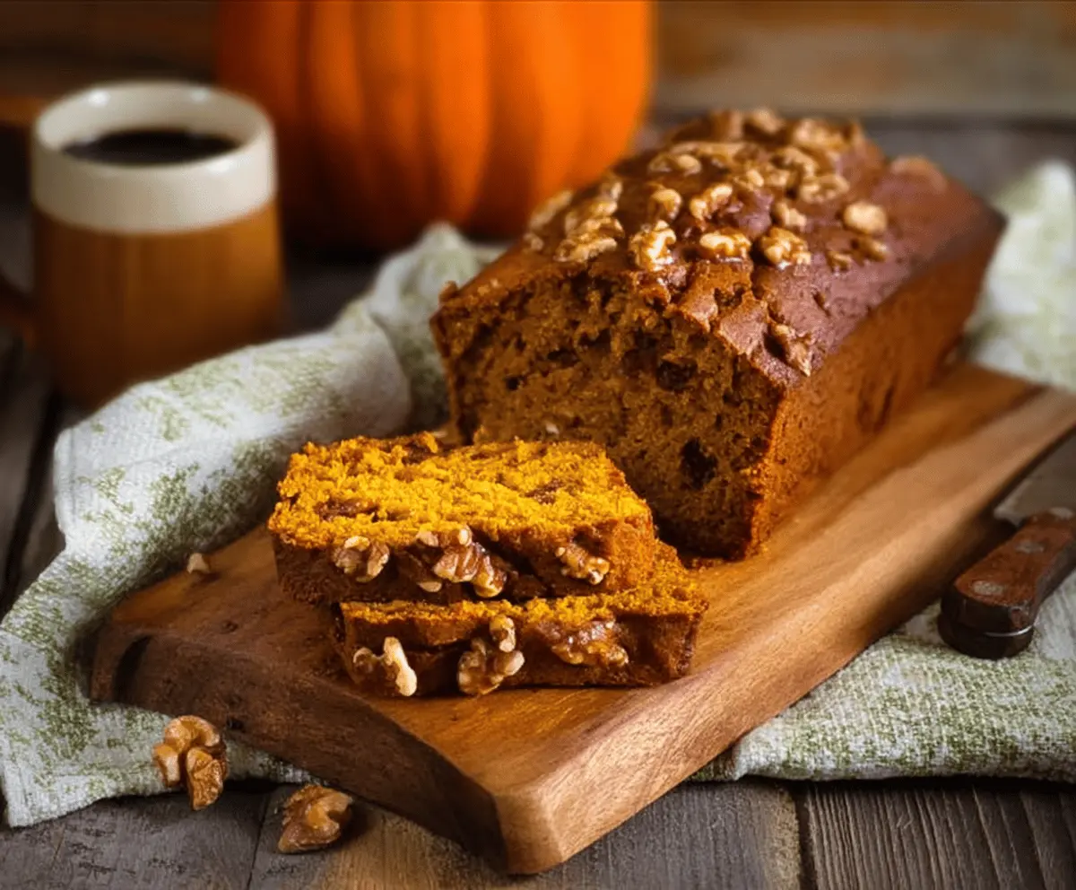 Delicious homemade pumpkin walnut bread with a golden crust and visible walnuts, perfect for fall baking