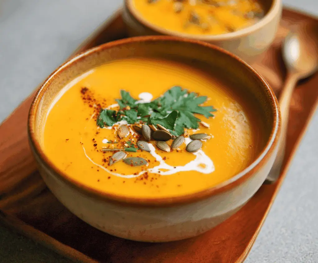 Creamy roasted butternut squash soup served in a bowl with fresh herbs and a drizzle of cream, perfect for a comforting fall meal.