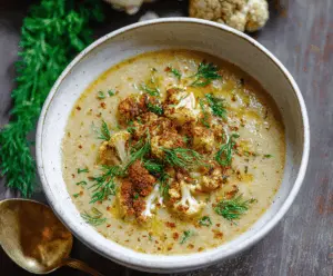 Creamy roasted cauliflower soup garnished with fresh herbs in a bowl, perfect for a warm, healthy meal.