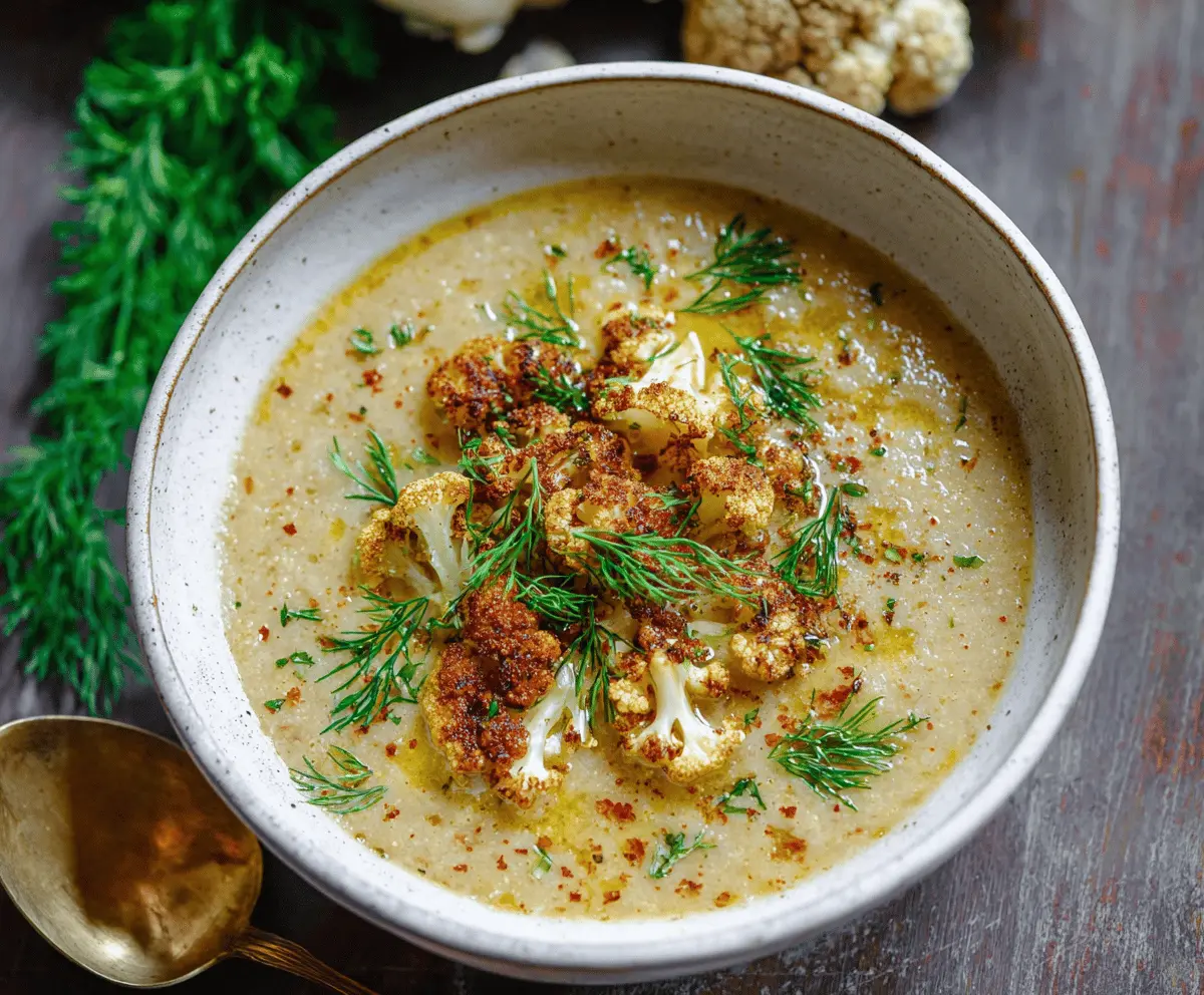 Creamy roasted cauliflower soup garnished with fresh herbs in a bowl, perfect for a warm, healthy meal.