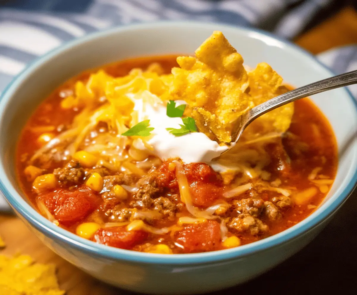 A bowl of delicious Rotel Taco Soup topped with shredded cheese, sour cream, and fresh cilantro, served with tortilla chips on the side.