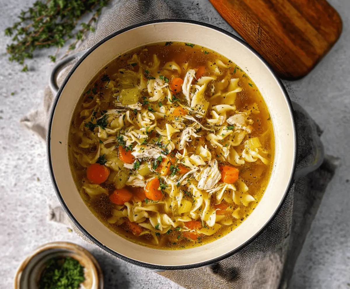 Creamy rotisserie chicken noodle soup in a bowl with vegetables and herbs, perfect for a comforting meal