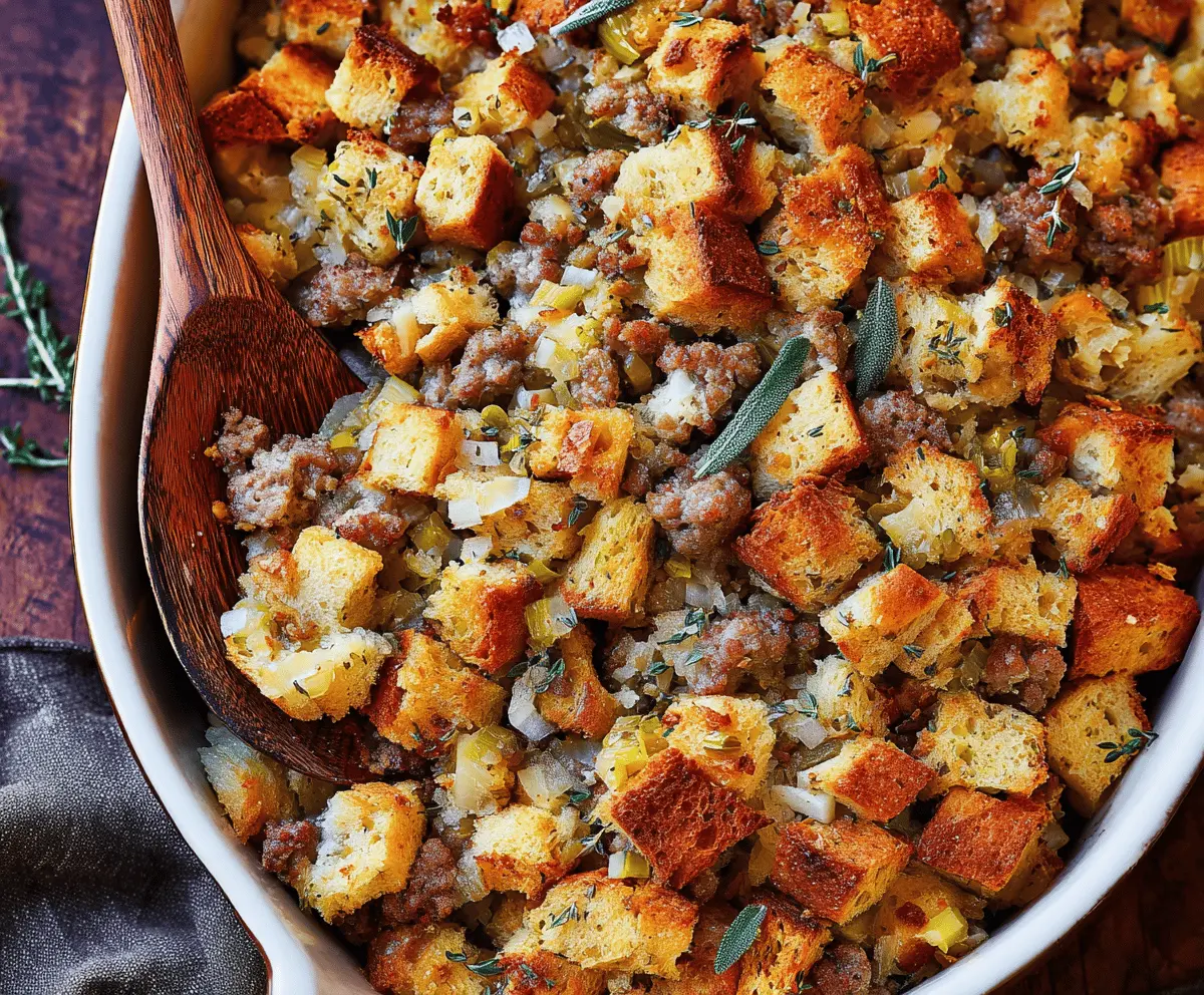 Delicious sausage, apple, and sage stuffing in a baking dish, perfect for holiday dinners