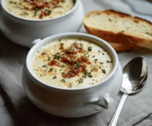 Creamy smoked Gouda potato soup garnished with fresh herbs in a bowl, perfect for a comforting meal.