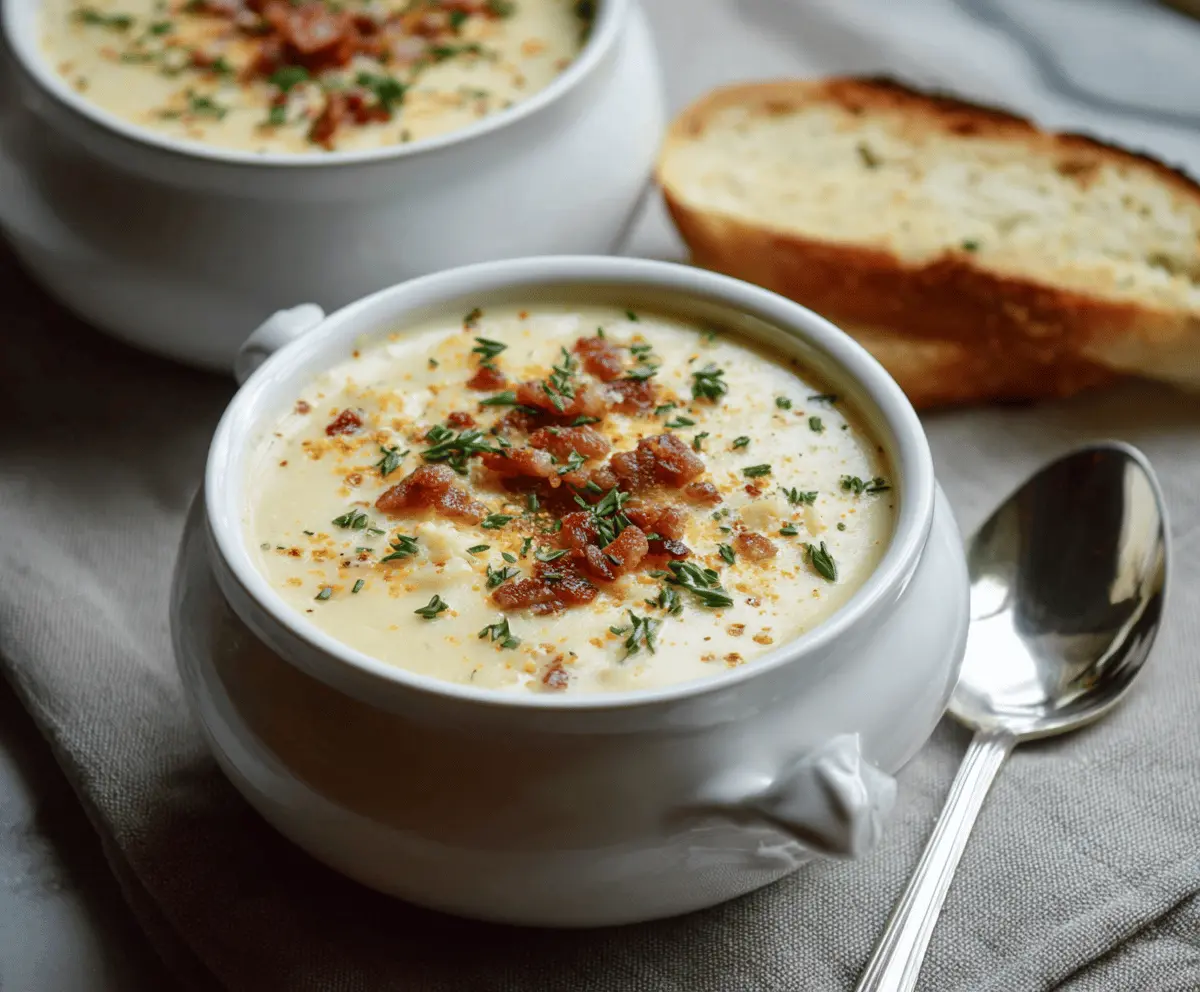 Creamy smoked Gouda potato soup garnished with fresh herbs in a bowl, perfect for a comforting meal.