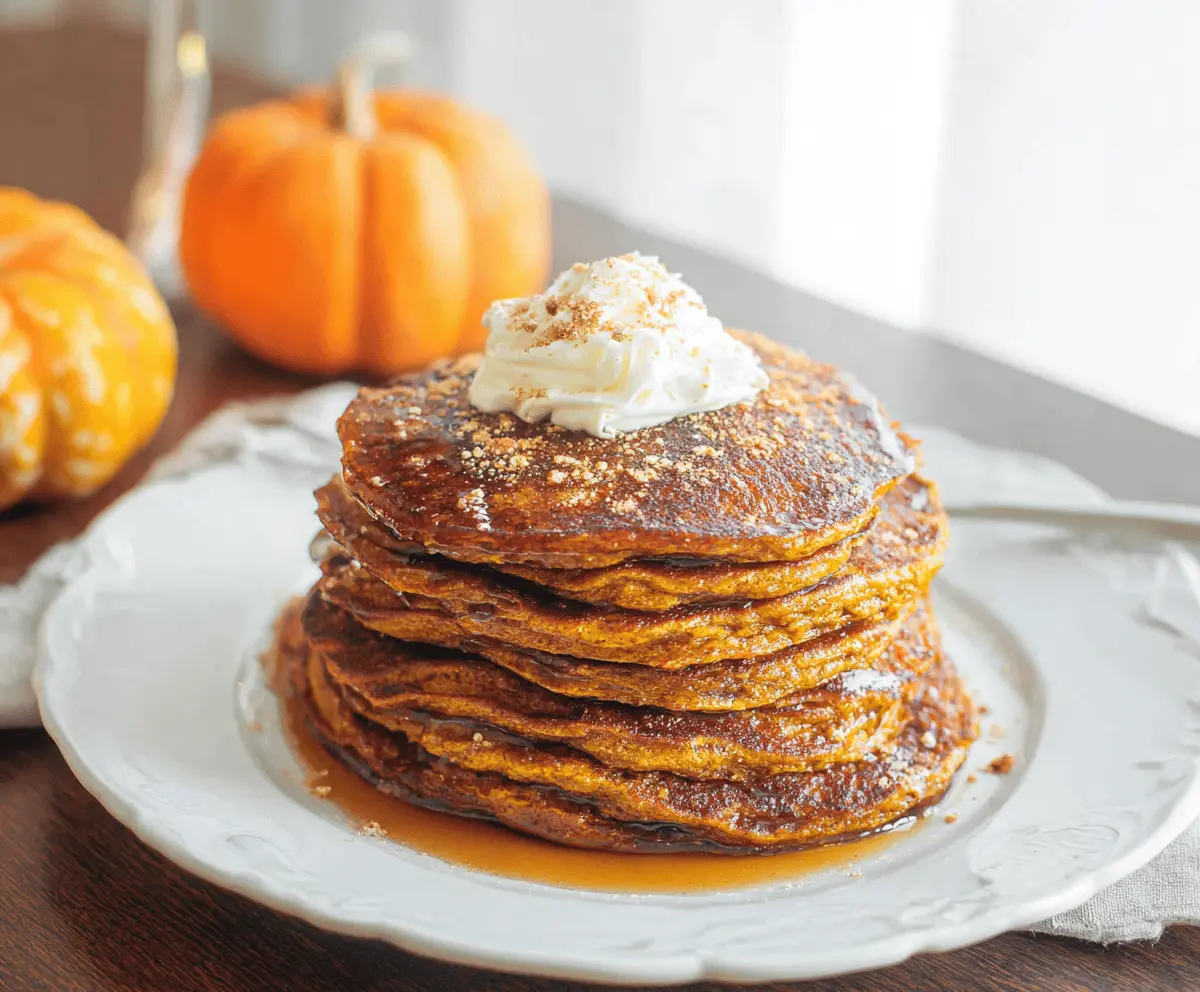 Fluffy Sourdough Pumpkin Pancakes topped with maple syrup and cinnamon for a cozy breakfast