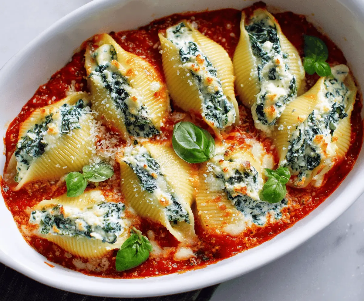 Creamy spinach and ricotta stuffed pasta shells baked to perfection, topped with melted cheese and fresh herbs.