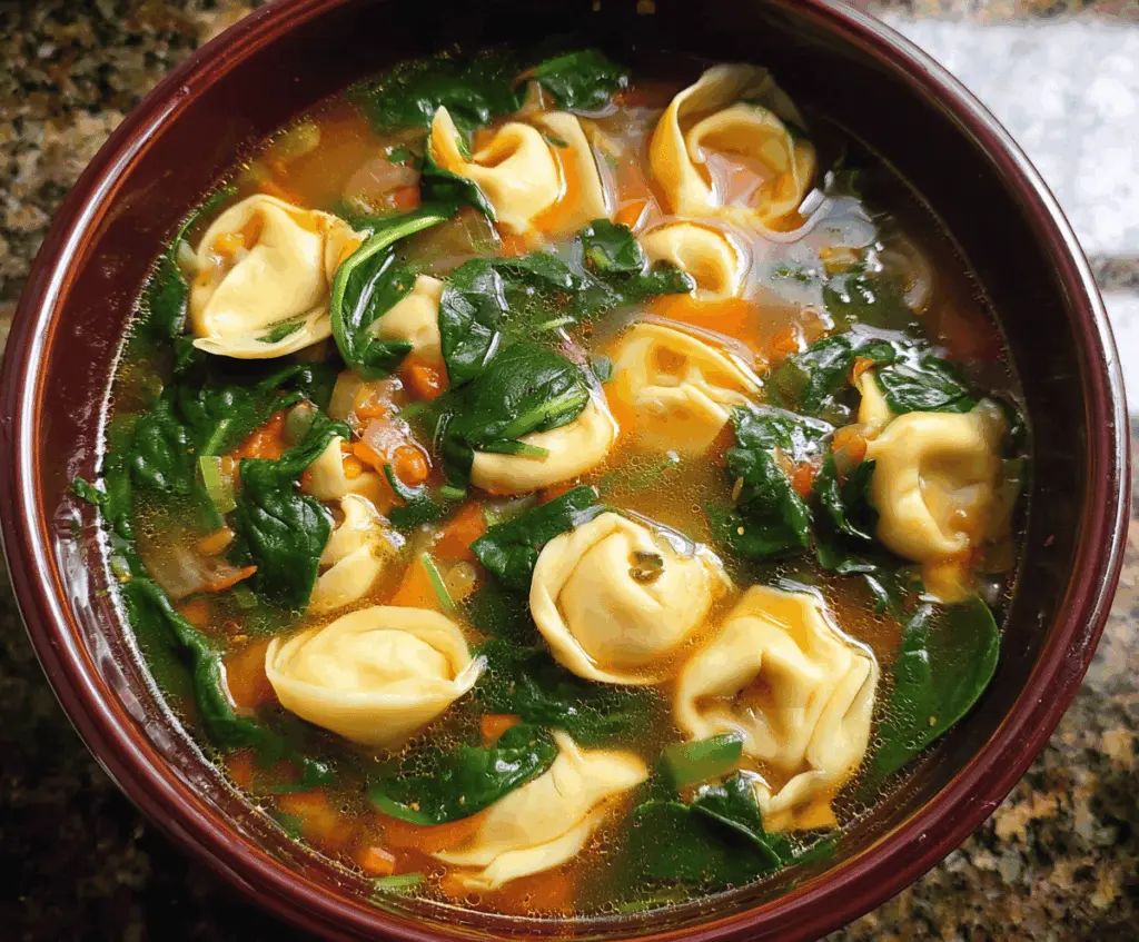 Creamy spinach tortellini soup in a bowl garnished with fresh herbs and grated cheese, served with a spoon and crusty bread on the side.