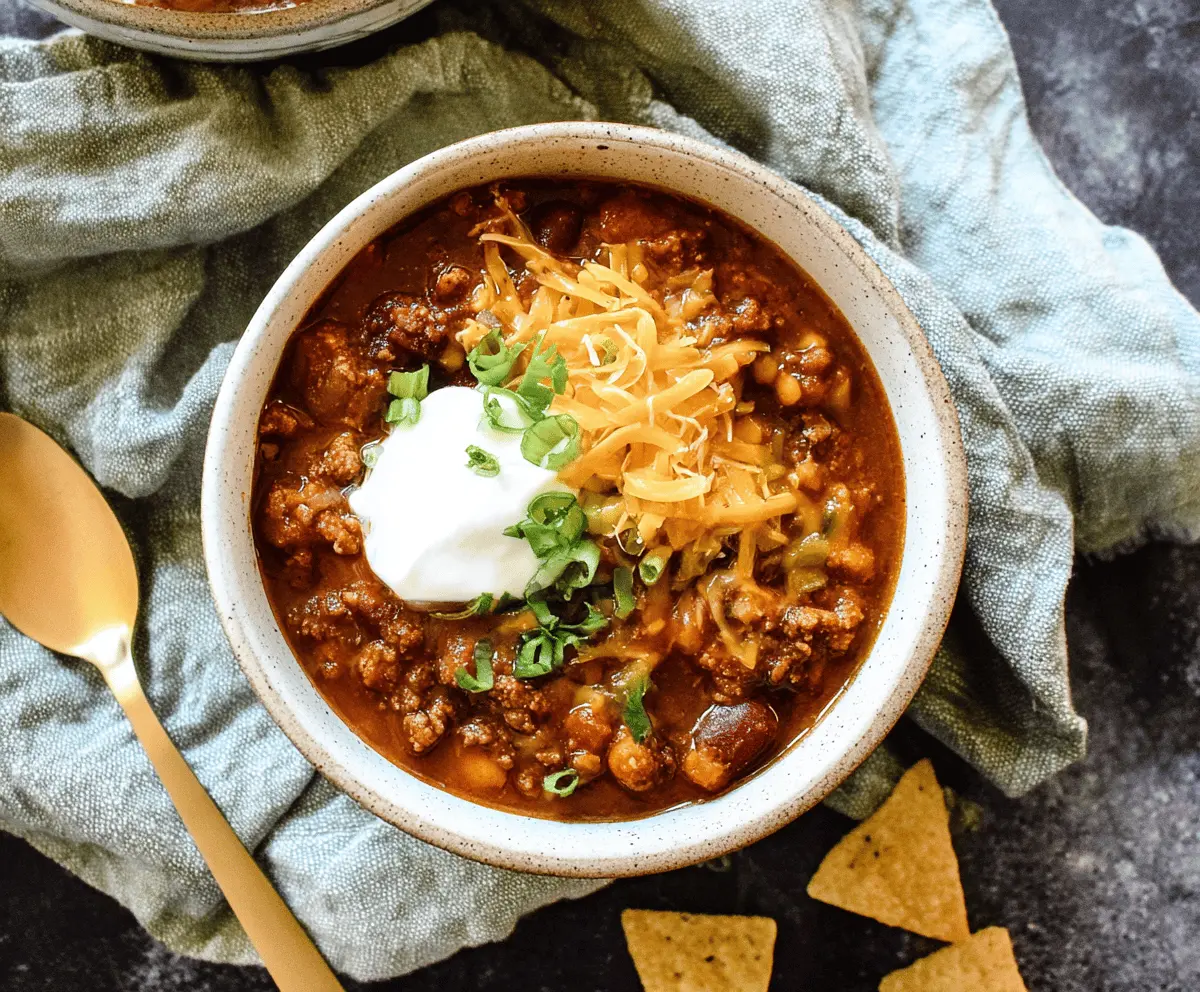 Delicious homemade stovetop chili with ground beef, beans, tomatoes, and spices in a pot, ready to serve