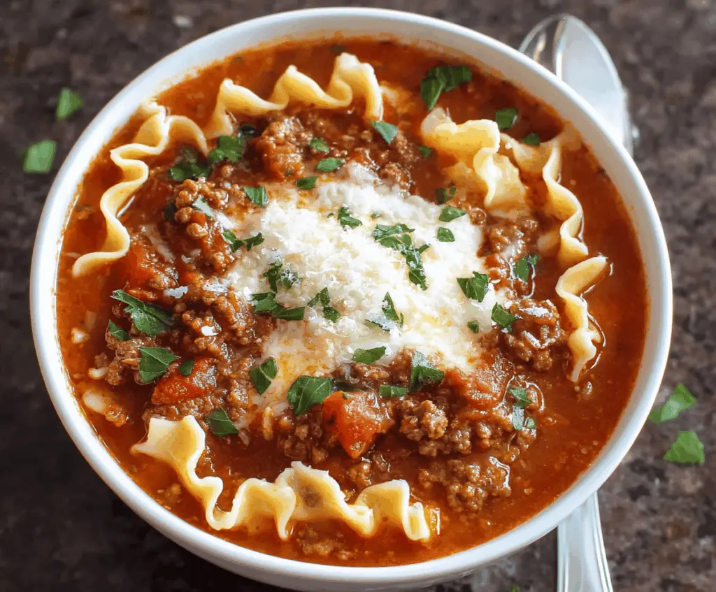 Hearty stovetop ground beef lasagna soup with melted cheese, pasta, and fresh herbs in a bowl