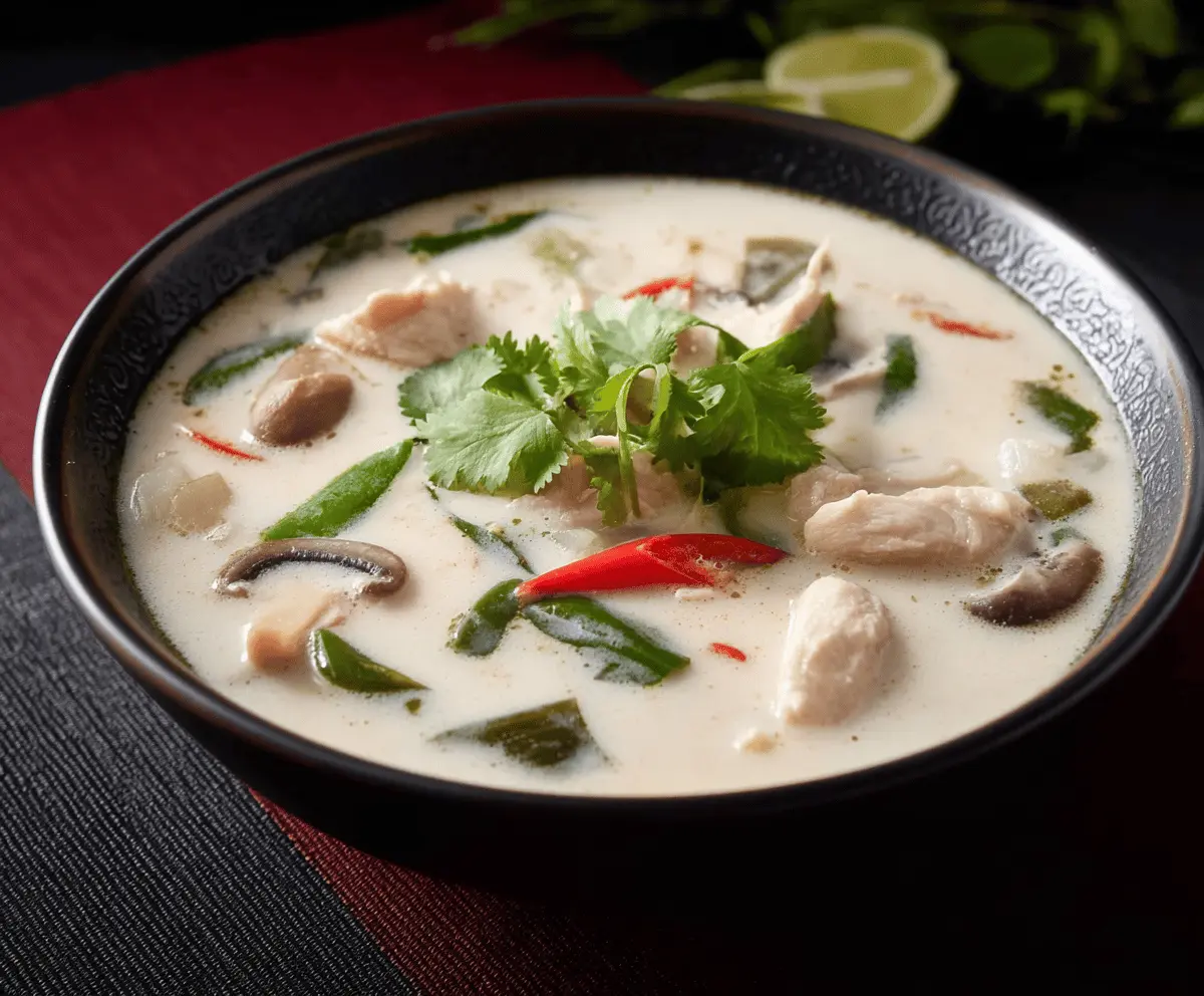 Creamy Tom Kha Gai Thai coconut chicken soup with fresh herbs, mushrooms, and lime wedge