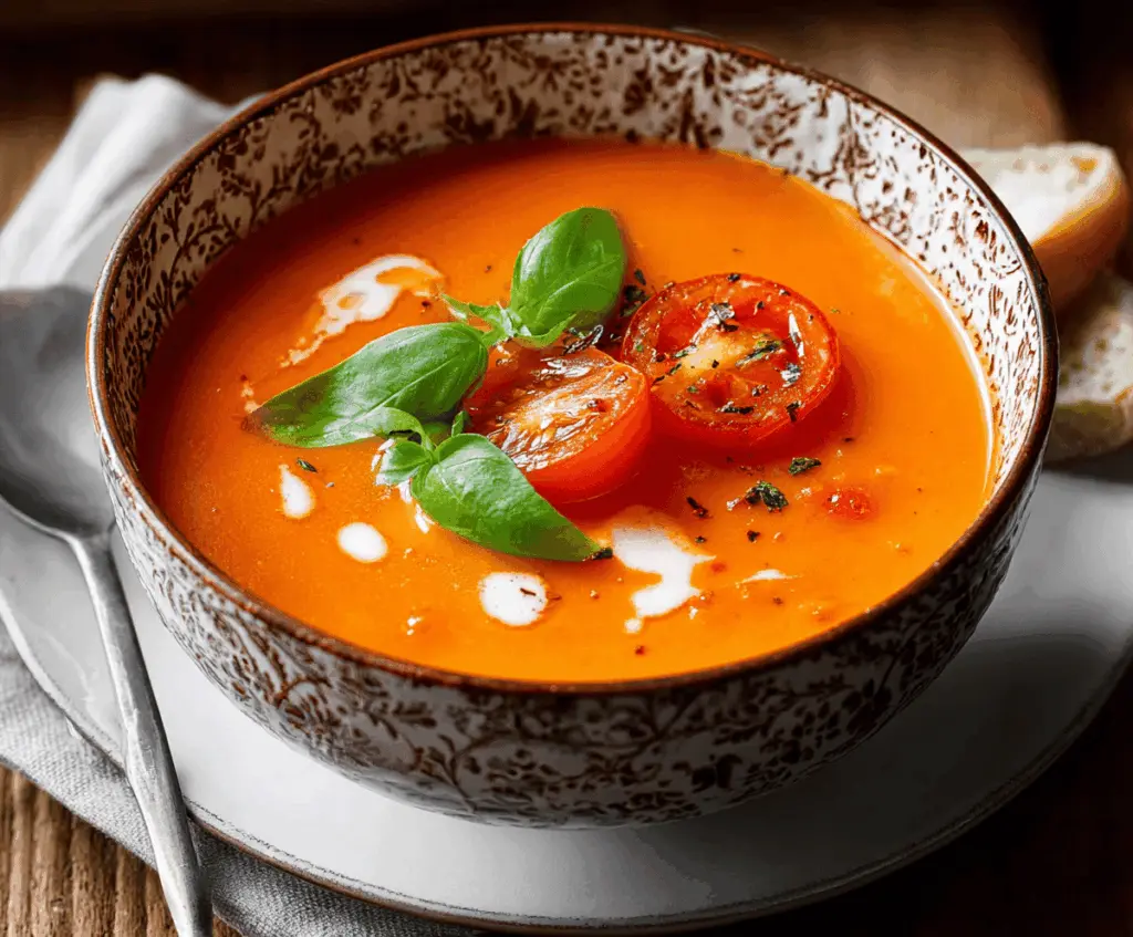 Creamy homemade tomato soup garnished with fresh basil leaves served in a rustic bowl on a wooden table.