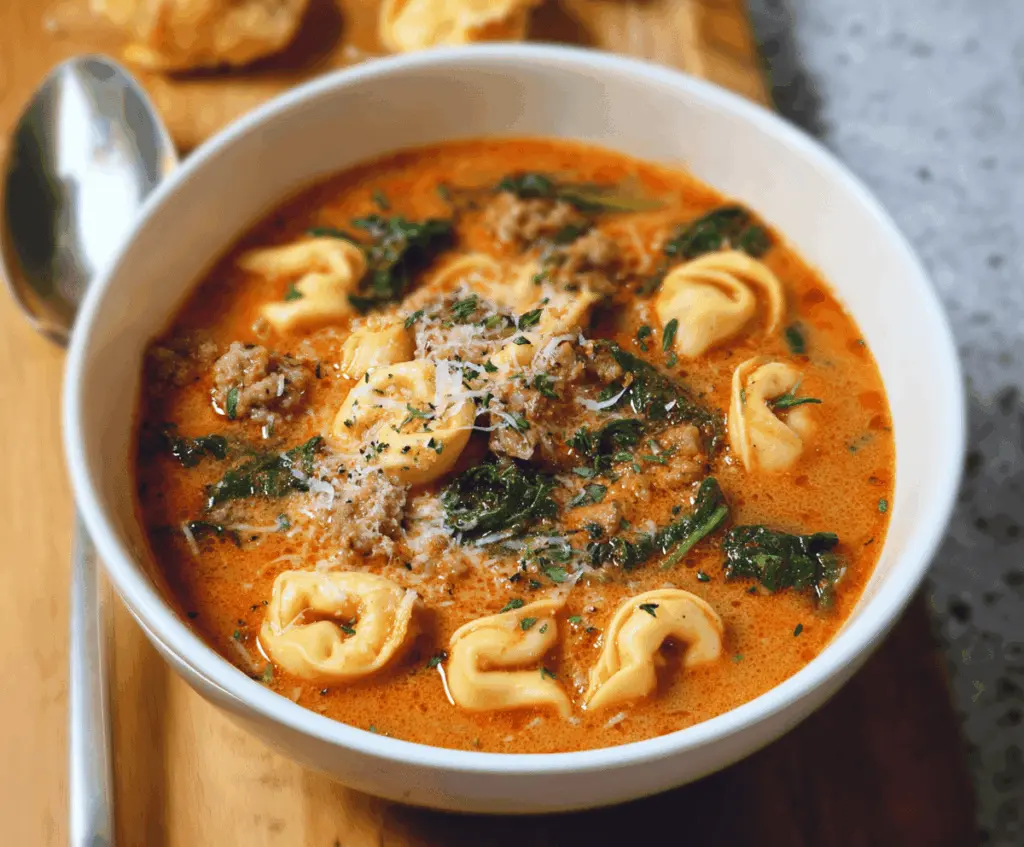 A bowl of warm tortellini soup with vegetables and herbs, served in a white bowl on a rustic wooden table.