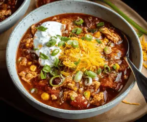 Spicy homemade turkey chili topped with shredded cheese, fresh cilantro, and diced onions in a bowl ready to serve
