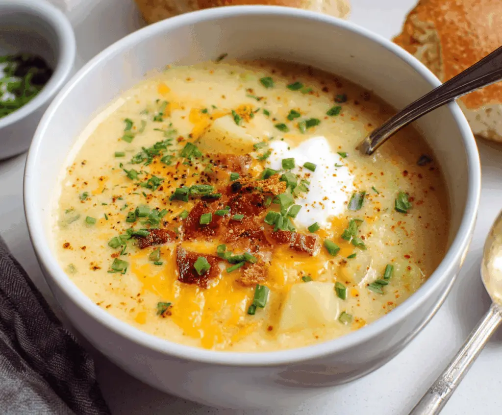 Creamy vegan potato soup topped with fresh herbs in a rustic bowl, perfect for a comforting plant-based meal.