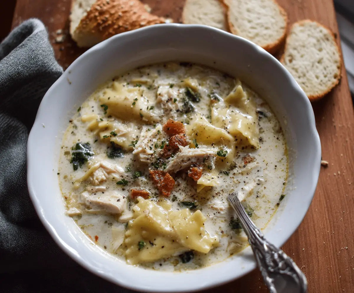 Creamy white chicken lasagna soup topped with melted cheese, spinach, and tender chicken pieces in a flavorful broth—perfect for cozy meals.