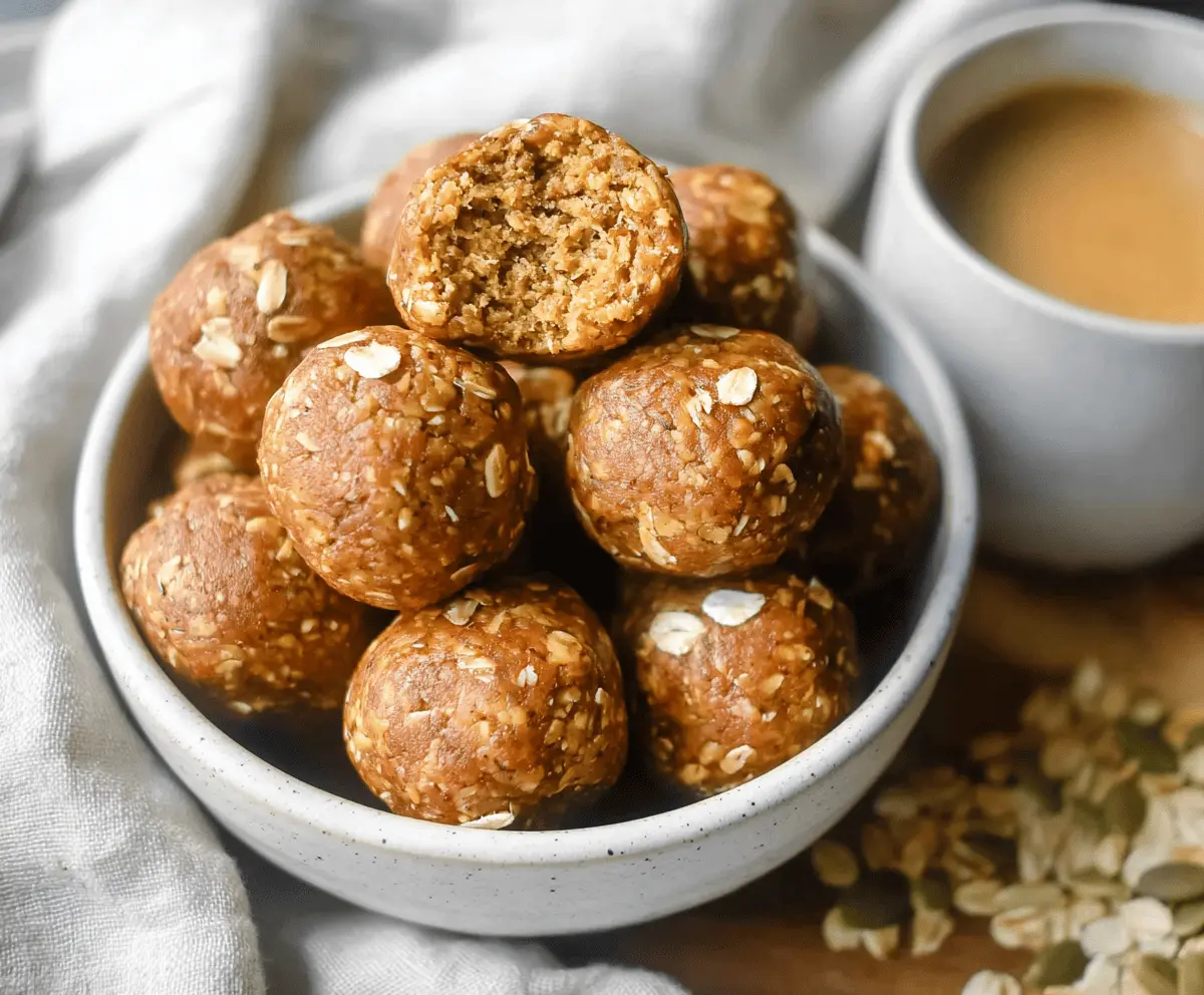 Delicious almond butter pumpkin protein balls on a white plate, perfect healthy snack with almonds, pumpkin, and protein powder.