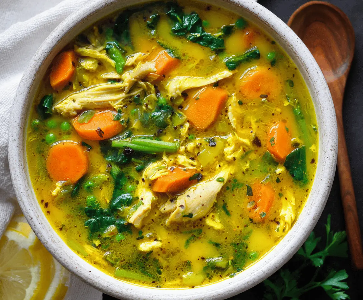 A bowl of warm turmeric chicken soup garnished with fresh herbs, showcasing vibrant yellow broth, sliced chicken, and colorful vegetables, highlighting an anti-inflammatory and comforting meal.