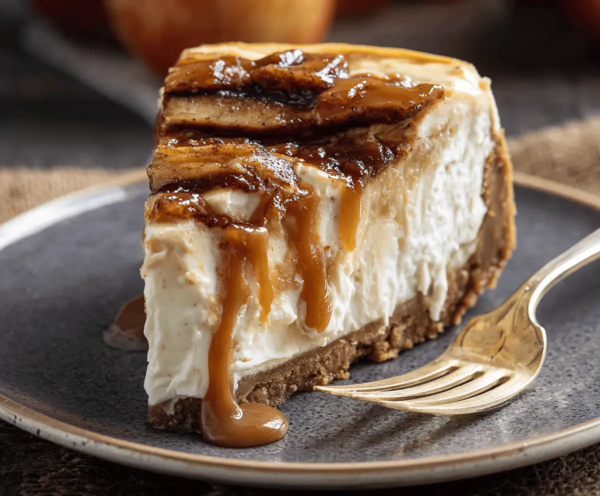 Creamy Apple Butter Cheesecake topped with apple slices and cinnamon for a fall-inspired dessert.