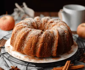 Delicious Apple Cider Bundt Cake with a golden-brown crust and apple slices on top.
