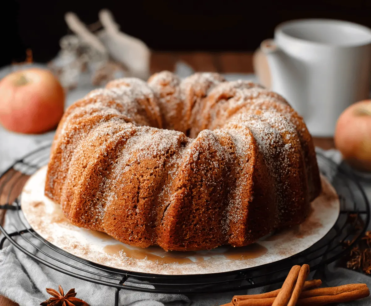 Delicious Apple Cider Bundt Cake with a golden-brown crust and apple slices on top.